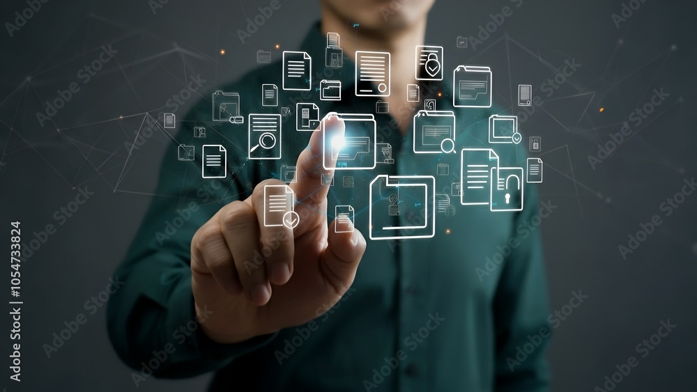 Person interacting with futuristic holographic interface with icons. Person interacting with futuristic holographic interface with icons.