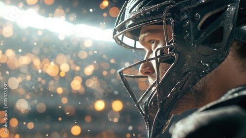 A focused athlete in a helmet stands under bright lights, rain falling, capturing the intensity of the game.