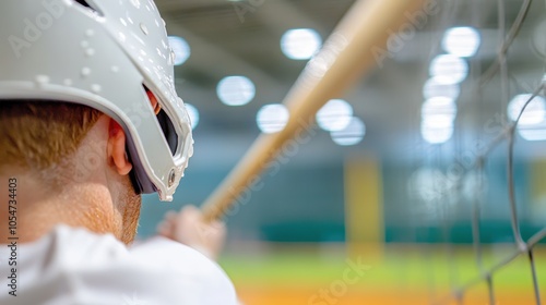 A player in a batting helmet prepares to swing a baseball bat indoors, with a blurred background highlighting a training facility.