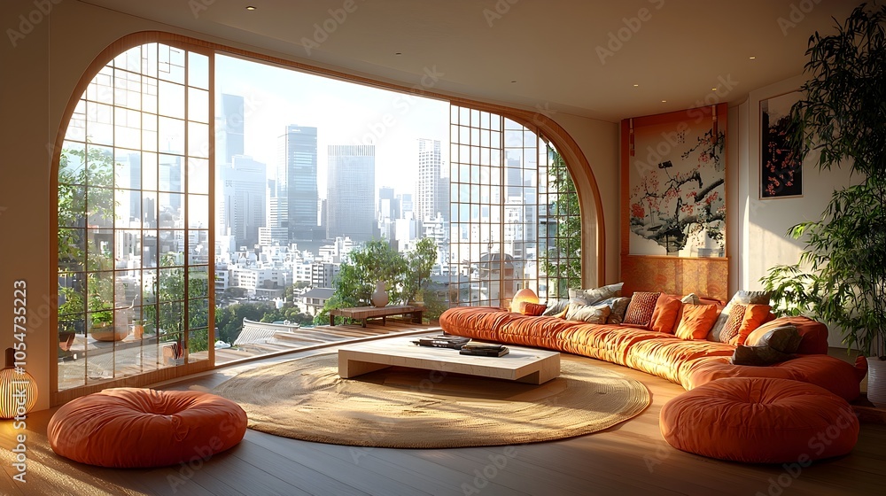 Fototapeta premium Elegant white living room with floor to ceiling glass windows a colorful curved sofa and Japanese inspired decor accents blending modern style with traditional charm and creating a serene cozy