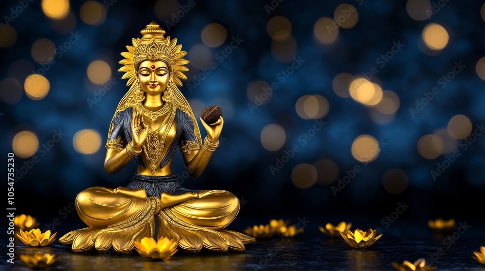 Obraz premium Golden Goddess Statue with Lotus Flowers and Bokeh Lights Hindu Deity Spiritual Meditation Peaceful