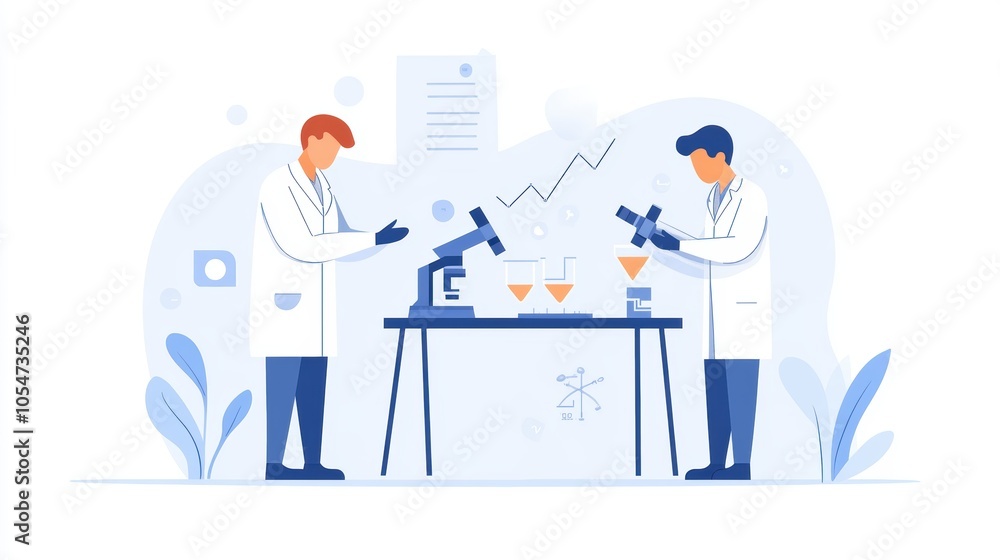 Two scientists conduct research at a lab with test tubes and a microscope, highlighting collaboration and scientific exploration. Two scientists conduct research at a lab with test tubes and a microscope, highlighting collaboration and scientific exploration.