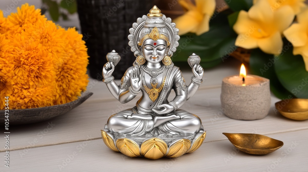 Lakshmi Hindu Goddess Statue with Flowers and Candle Indian Deity Figurine for Home Decor Lakshmi Hindu Goddess Statue with Flowers and Candle Indian Deity Figurine for Home Decor