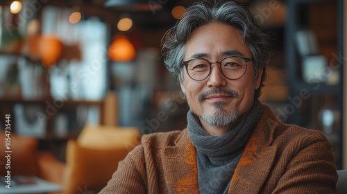 Middle-aged Asian man relaxes in a cozy, minimalist cafe on a calm afternoon