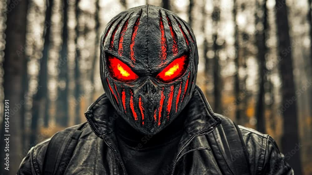 A person wearing a black and red skull mask with glowing eyes stands in a forest A person wearing a black and red skull mask with glowing eyes stands in a forest
