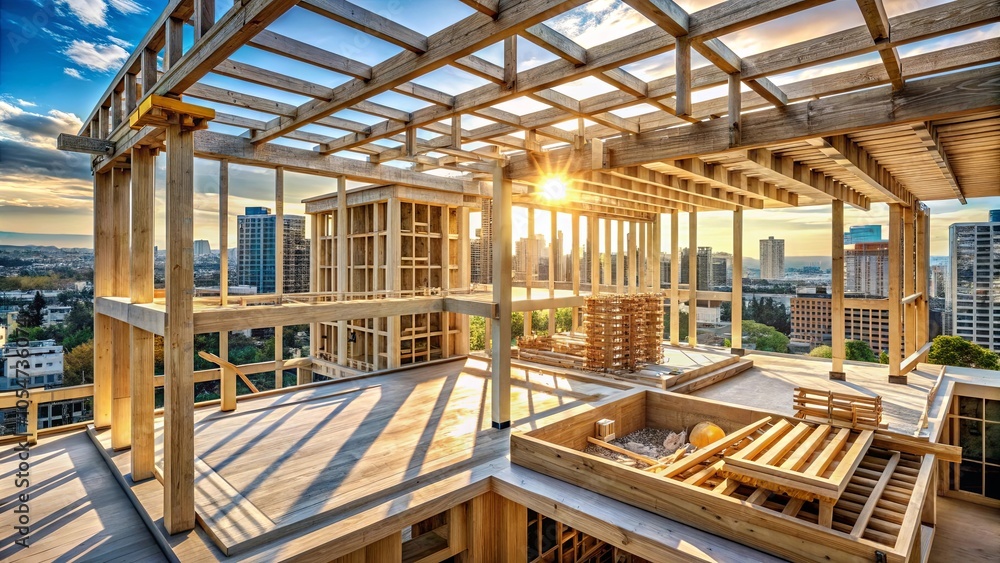 An unfinished wooden framework against a backdrop of an urban skyline, bathed in the golden light of a setting sun, showcasing the intricate details and structural elements of a future dwelling. An unfinished wooden framework against a backdrop of an urban skyline, bathed in the golden light of a setting sun, showcasing the intricate details and structural elements of a future dwelling.