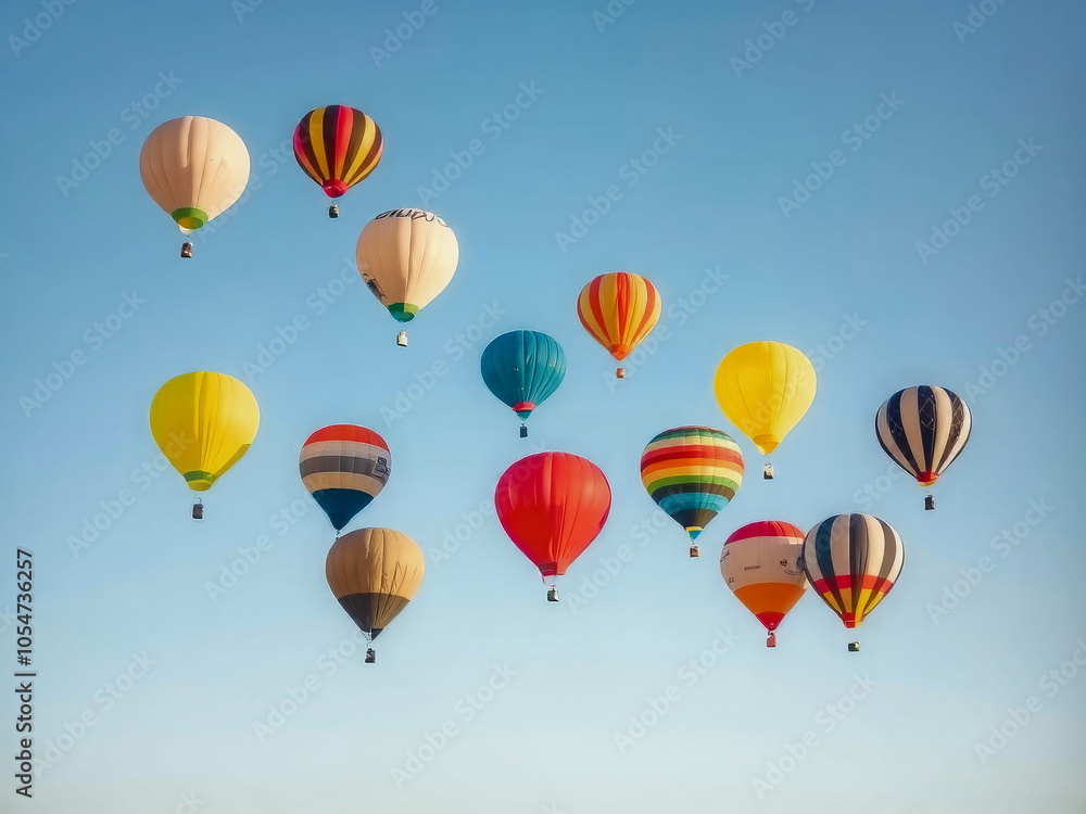 A bunch of hot air balloons are flying in the sky. The balloons are of different colors and sizes. The sky is clear and blue, and the balloons are scattered all over the sky A bunch of hot air balloons are flying in the sky. The balloons are of different colors and sizes. The sky is clear and blue, and the balloons are scattered all over the sky