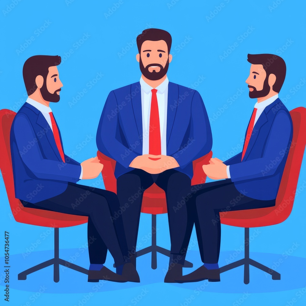 Three businessmen in suits engaged in a discussion. Three businessmen in suits engaged in a discussion.