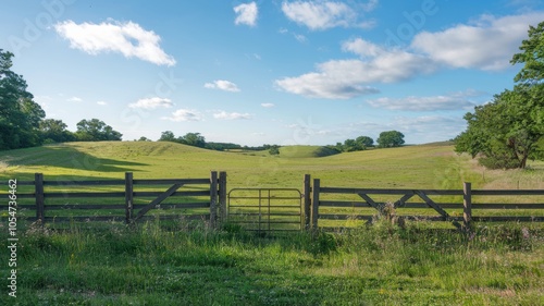 A serene landscape featuring rolling green hills and a rustic wooden fence.