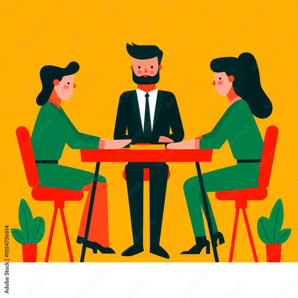 Two women and a man in business attire engaged in discussion at a table. Two women and a man in business attire engaged in discussion at a table.