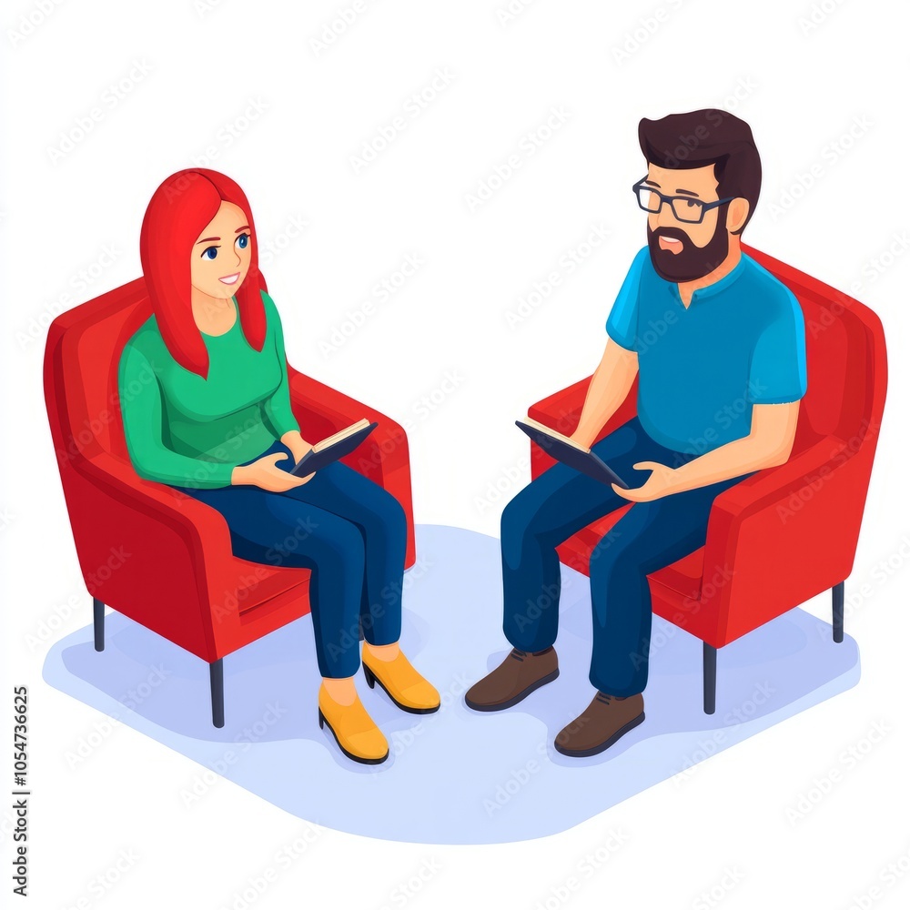 Two people sitting in red chairs, engaged in conversation with tablets. Two people sitting in red chairs, engaged in conversation with tablets.