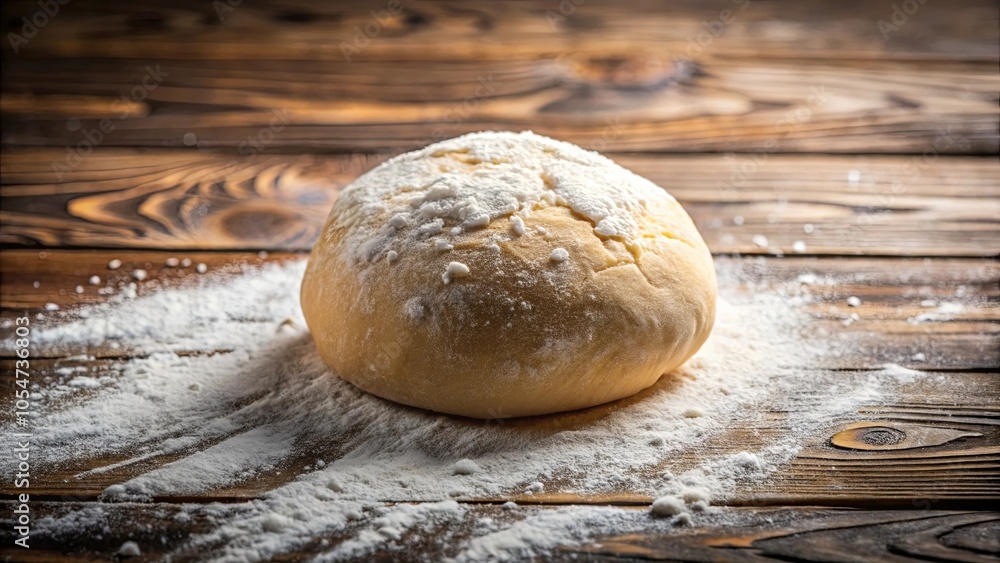 A single ball of dough dusted with white flour rests on a wooden surface, waiting to be transformed into culinary delights. A single ball of dough dusted with white flour rests on a wooden surface, waiting to be transformed into culinary delights.