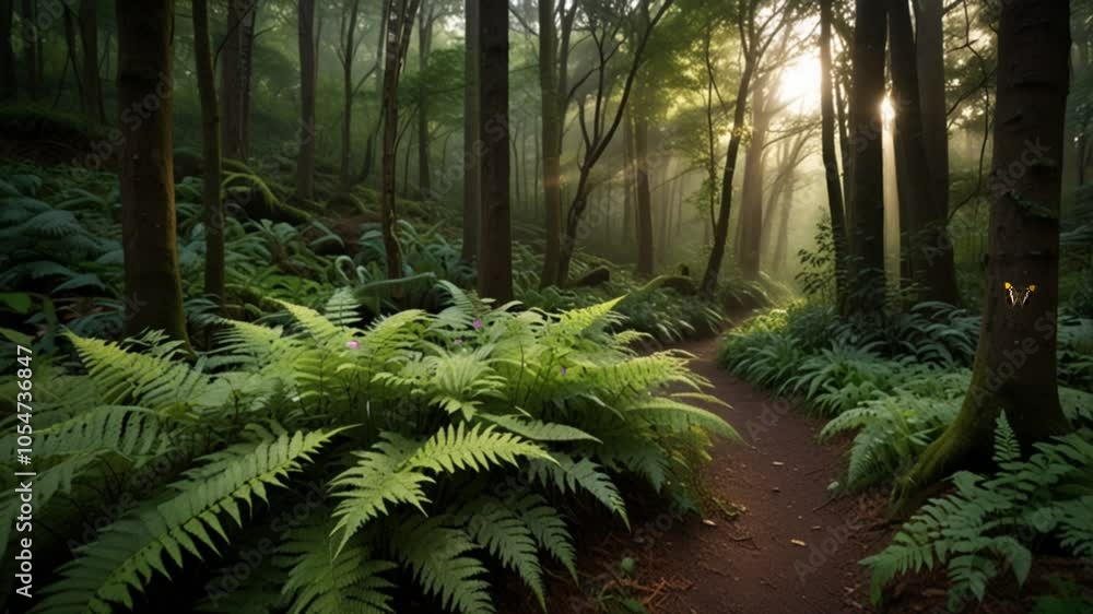 the atmosphere in the forest with shady trees and several butterflies flying the atmosphere in the forest with shady trees and several butterflies flying