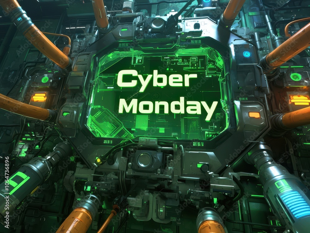 Metallic Cyber monday abstract banner with original font on dark mechanical flat style background，3D illustration