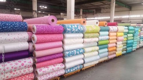 A vibrant display of rolled fabrics in various colors and patterns, neatly arranged in a warehouse setting.