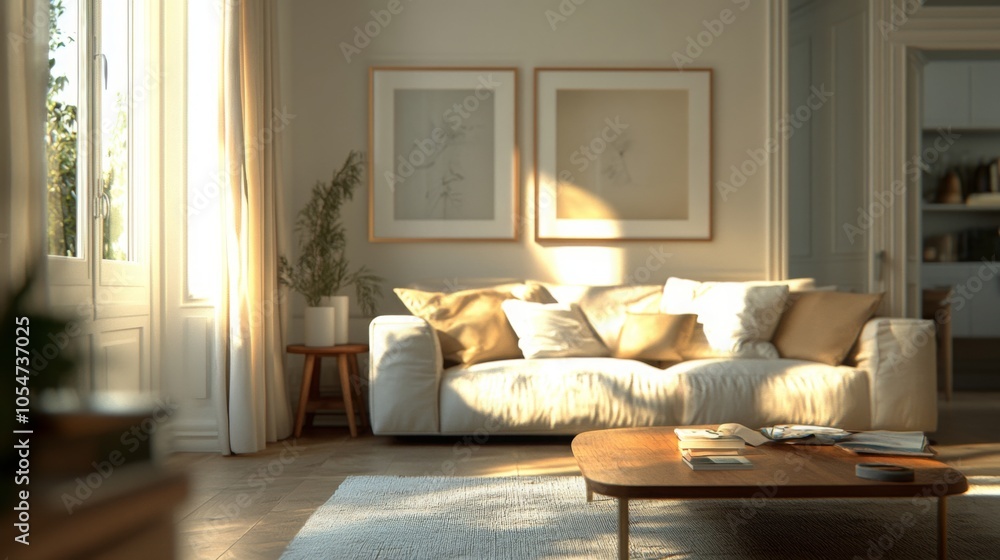Fototapeta premium Door opening into bright living area, soft colors, cozy couch, coffee table, natural light, blurred background details, spacious feel.