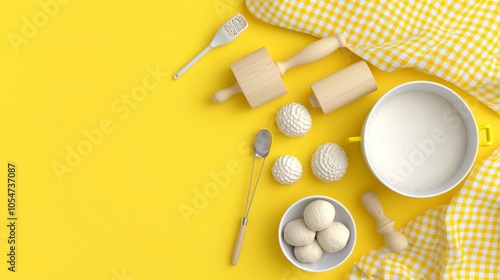 White dough, rolling pin, spoon, and checkered tablecloth on yellow background.