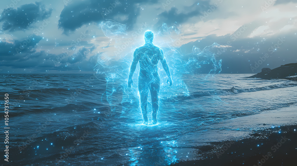 Obraz premium Empowering figure at the shore of serenity - psychic spirituality. Astral Projection. Illustration