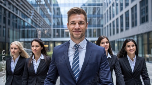 Confident business team walking together in a modern urban setting