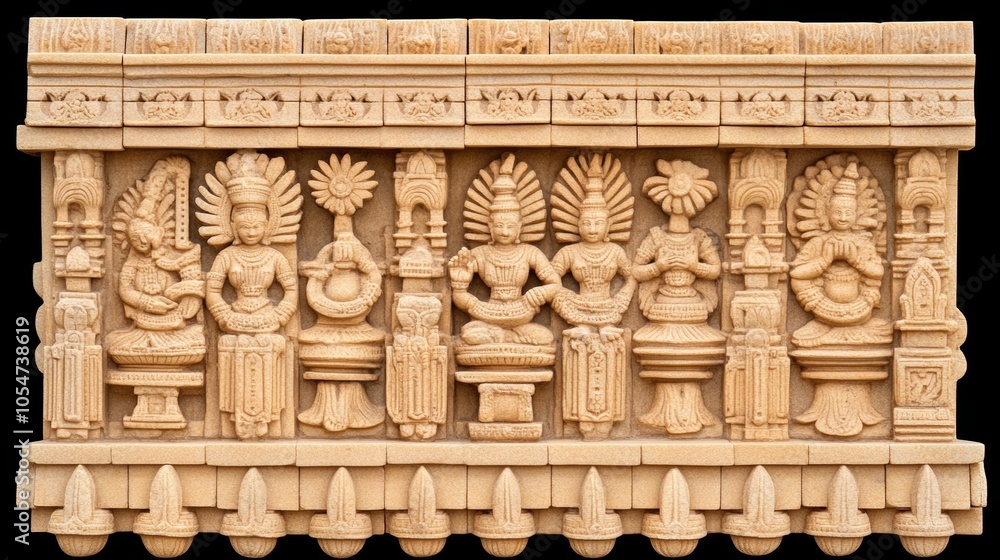 Fototapeta premium Ancient Indian Stone Carving with Deities and Floral Motifs