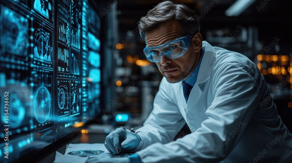 Scientist analyzing data with digital displays in a lab setting. Scientist analyzing data with digital displays in a lab setting.