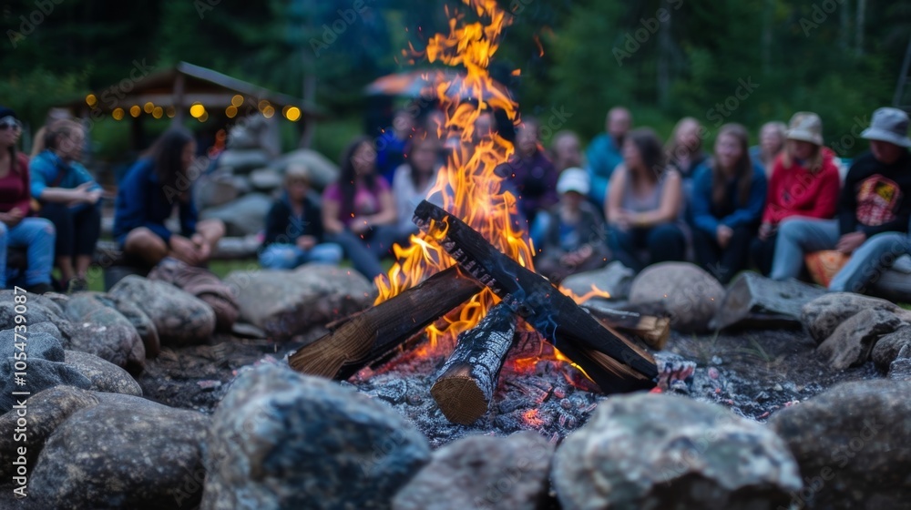 Obraz premium Close friends gather around a campfire, enjoying the warmth and glow on a summer evening, creating memories of fun and adventure