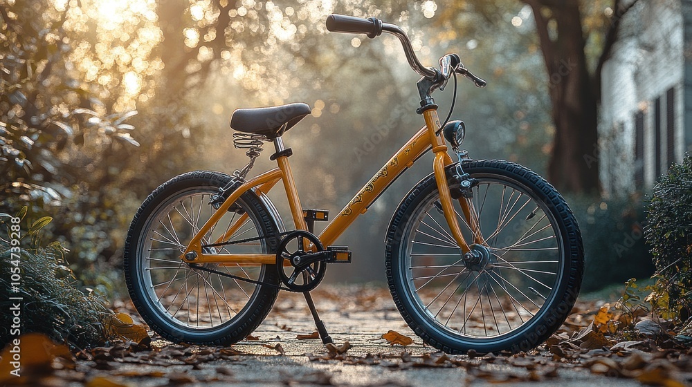A yellow bicycle parked on a path surrounded by autumn foliage. A yellow bicycle parked on a path surrounded by autumn foliage.