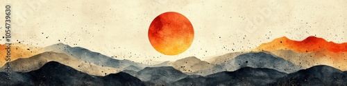 Abstract landscape featuring a large sun rising over mountains.