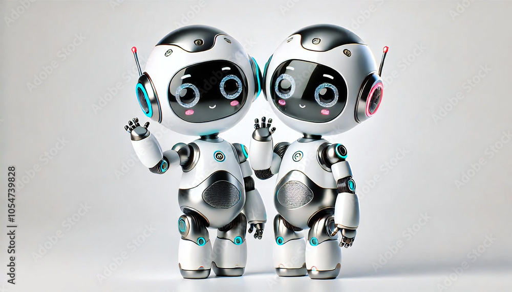 Cute smiling white lover robots waving hands Cute smiling white lover robots waving hands