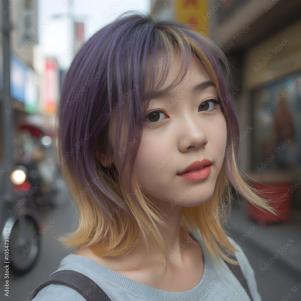 A portrait of an Asian woman with gradient, two-toned hair. A portrait of an Asian woman with gradient, two-toned hair.