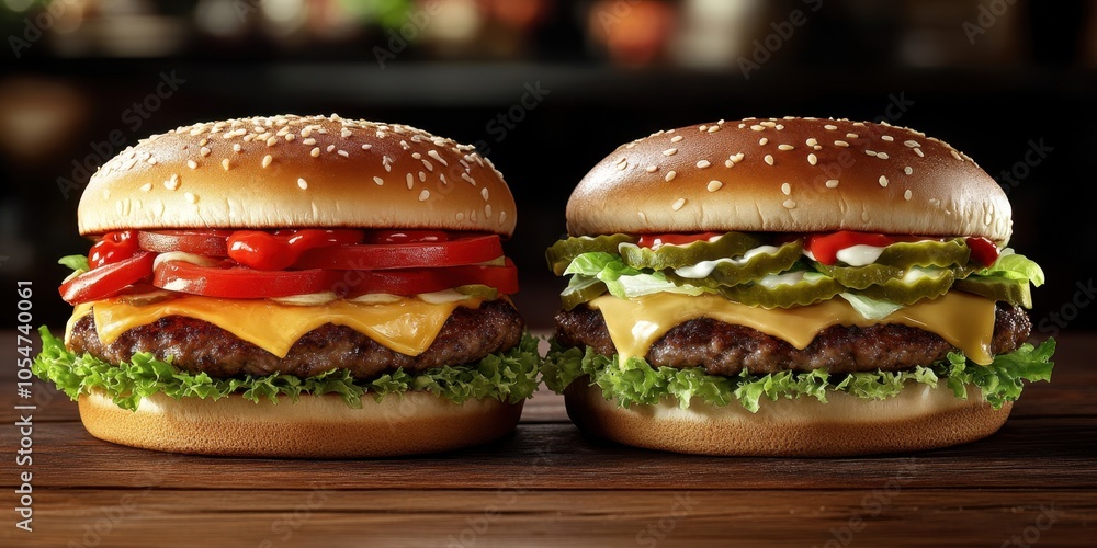 two hamburgers with cheese, tomato, let and let two hamburgers with cheese, tomato, let and let