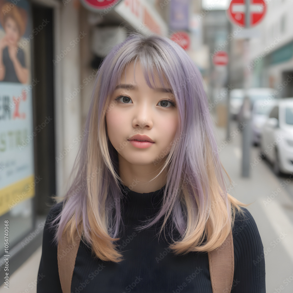 A close-up portrait of an Asian woman with bold and trendy two-tone hair. A close-up portrait of an Asian woman with bold and trendy two-tone hair.