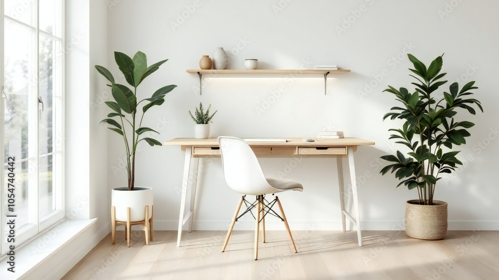 Fototapeta premium This image shows a modern and minimalist home office setup. The desk is white and has a shelf above it. There is a chair in front of the desk. The room has a wooden floor and walls