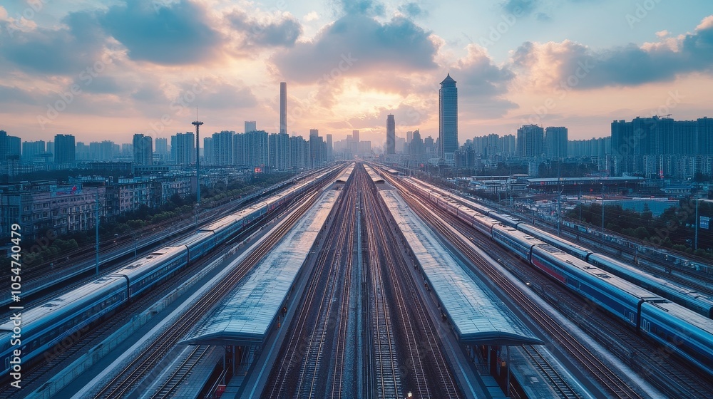Fototapeta premium Overlooking China's modern high-speed railway station from the sky, the neatly arranged high-speed trains on the platform appear magnificent and spectacular under the blue sky and white clouds