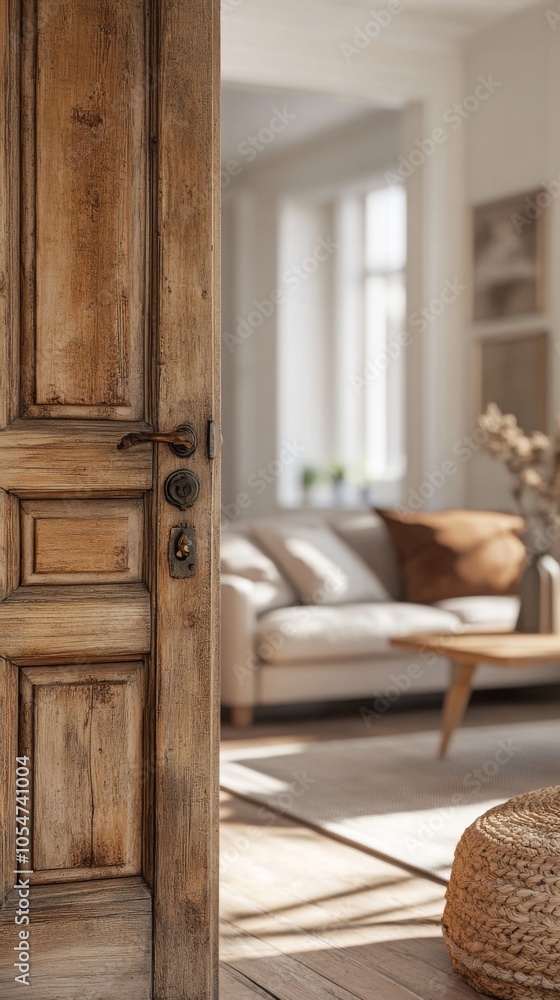 Open wooden door, bright living space, sofa and table in blurred focus, natural window light, minimalist decor, empty space. Open wooden door, bright living space, sofa and table in blurred focus, natural window light, minimalist decor, empty space.