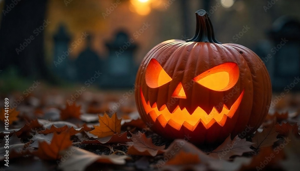 A carved pumpkin with a scary jack-o-lantern sinister face, glowing orange evil eyes, and sharp teeth against a blurred background, Halloween celebration, spooky, banner, created with generative ai A carved pumpkin with a scary jack-o-lantern sinister face, glowing orange evil eyes, and sharp teeth against a blurred background, Halloween celebration, spooky, banner, created with generative ai
