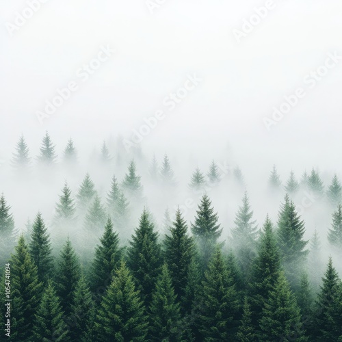 A serene forest scene enveloped in mist, showcasing lush evergreen trees.