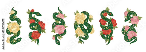 Set of Chinese New Year symbols. Green snakes with lunar patterns and peonies. Traditional Chinese lunar symbols with flowers. Isolated on white background.