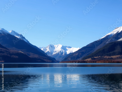 A beautiful mountain range with a blue sky and a calm lake. The mountains are covered in snow and the lake is still and clear. The scene is peaceful and serene, with the mountains