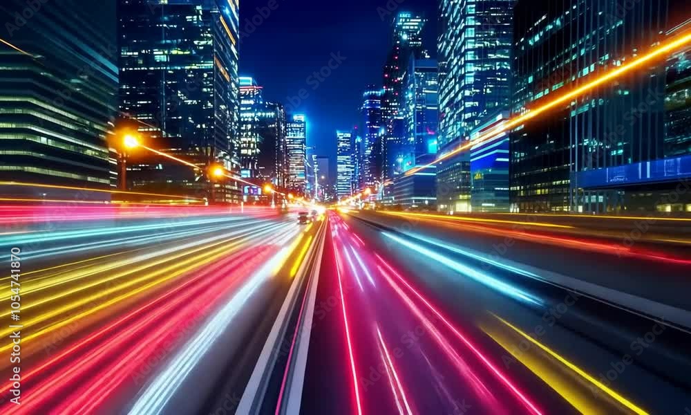 A vibrant cityscape at night with light trails from vehicles creating a dynamic effect. A vibrant cityscape at night with light trails from vehicles creating a dynamic effect.