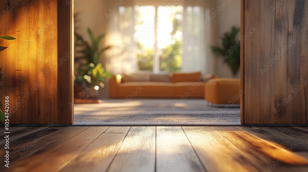 Wooden door slightly open, reveals bright room, sofa set, blurred background, natural light, minimalist decor, empty area. Wooden door slightly open, reveals bright room, sofa set, blurred background, natural light, minimalist decor, empty area.