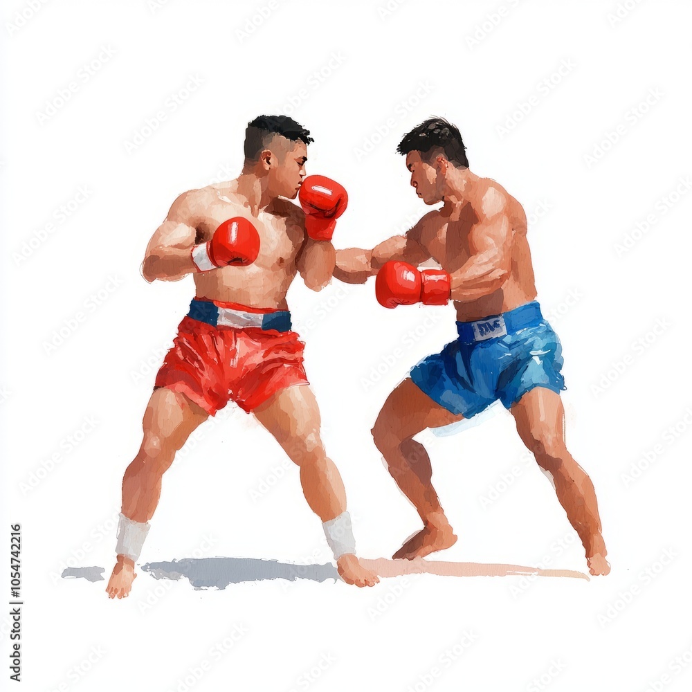 Two boxers in a dynamic fight pose, showcasing athleticism and competition. Two boxers in a dynamic fight pose, showcasing athleticism and competition.