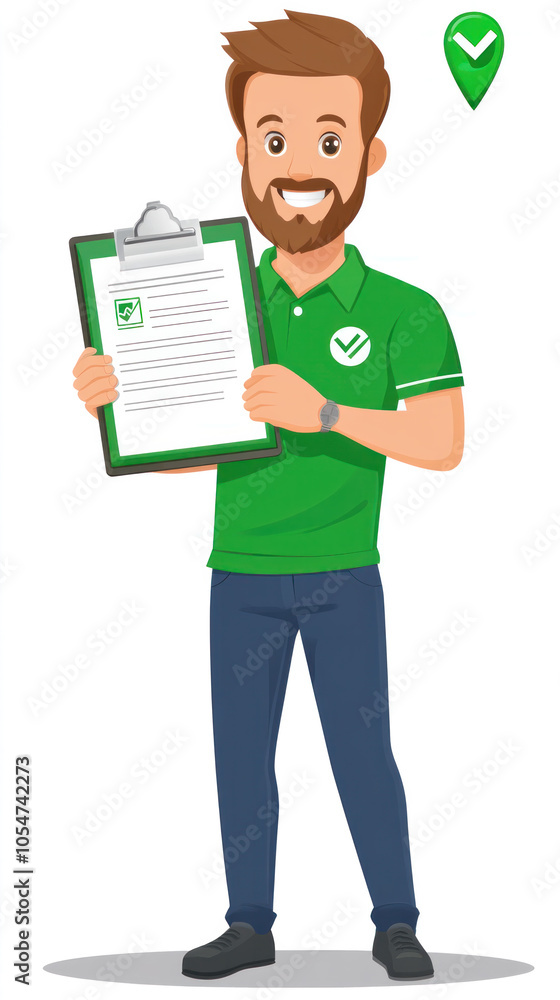 A man is holding a clipboard with a green shirt on. He is smiling and holding the clipboard with a piece of paper A man is holding a clipboard with a green shirt on. He is smiling and holding the clipboard with a piece of paper
