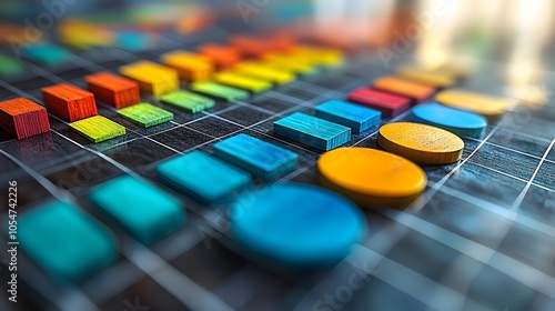 Vibrant and visually captivating data analysis graph featuring intersecting line and bar charts set against a gridded background symbolizing diverse data trends and valuable business insights photo