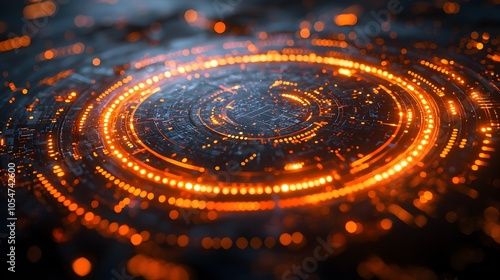 Futuristic 3D rendered tech circle with glowing neon lights and digital elements against a dark background symbolizing big data and advanced technology