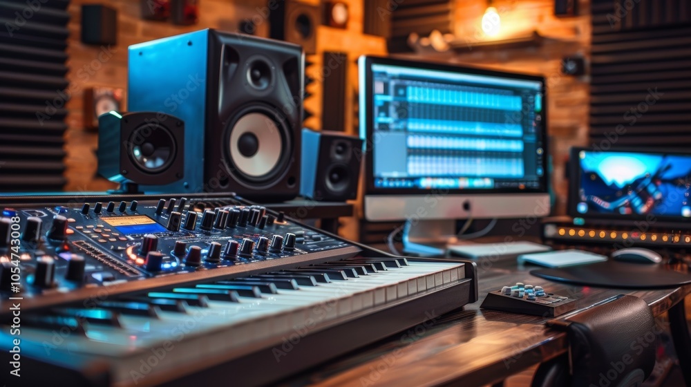 Close up of a professional midi keyboard synthesizer in a home recording studio with monitors and a computer showing audio tracks for mixing music production Close up of a professional midi keyboard synthesizer in a home recording studio with monitors and a computer showing audio tracks for mixing music production
