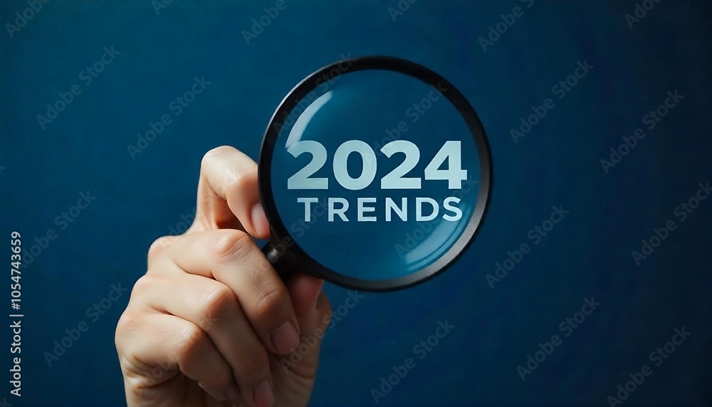 A hand holding a magnifying glass over the text 2024 TRENDS against a blue background, Trends 2024 year concept, Trends searching, business goals and objectives, created with generative ai A hand holding a magnifying glass over the text 2024 TRENDS against a blue background, Trends 2024 year concept, Trends searching, business goals and objectives, created with generative ai