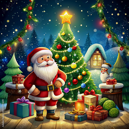 Christmas Day, Christmas celebration concept. Product display with gift boxes and decorate christmas tree on red background.