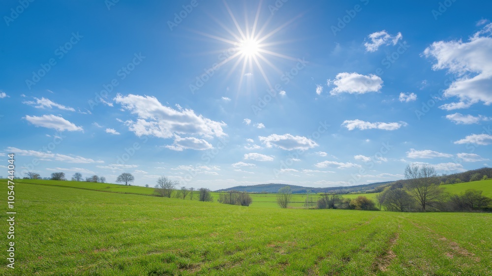 Sunny landscape with lush green fields and blue skies, perfect for nature themes. Sunny landscape with lush green fields and blue skies, perfect for nature themes.