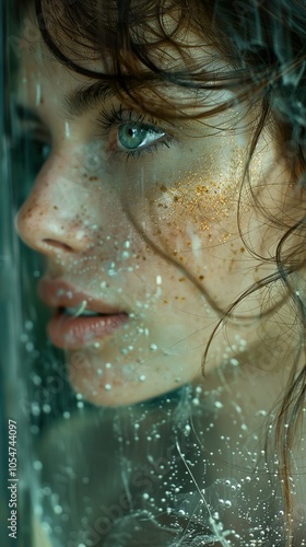 Close-Up Portrait of a Woman with Gold Glitter Makeup